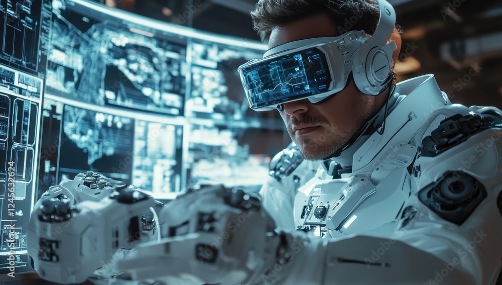 Poster futuristic scientist in advanced virtual reality gear analyzing data in a high-tech laboratory envir