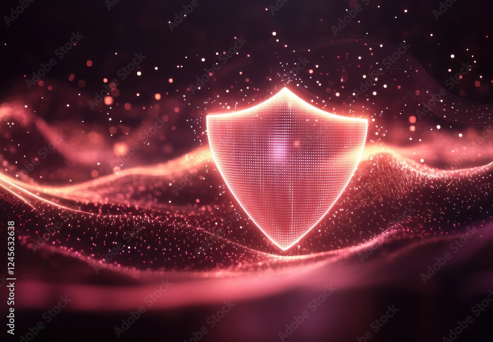 Poster futuristic shield design with digital particles and lights representing protection and security conc