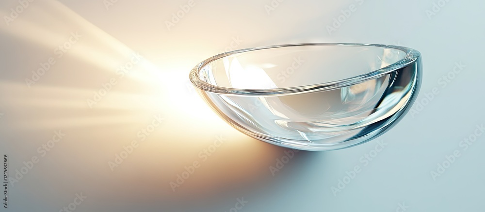 Poster futuristic transparent glass wall lamp casting soft light against a white wall background creating a