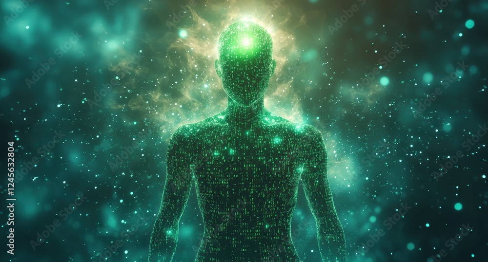 Poster futuristic silhouette of a person surrounded by digital particles and light effects representing art
