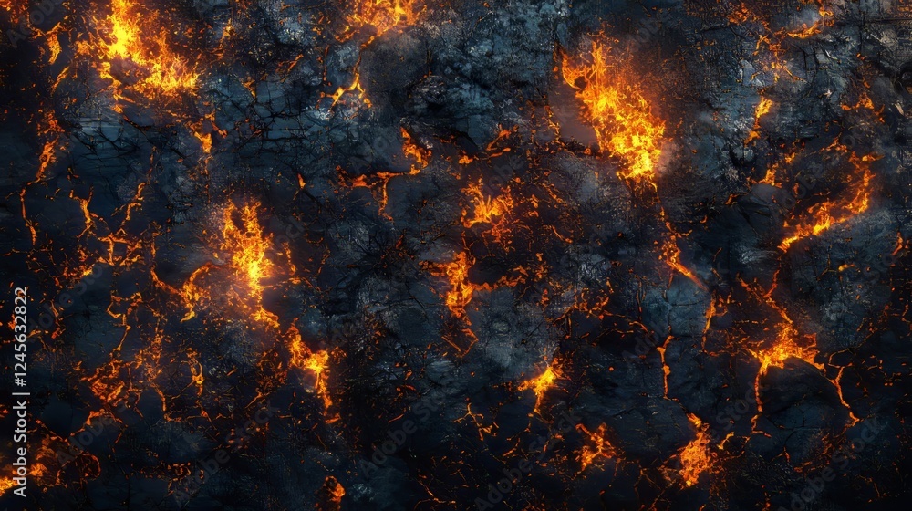 Poster top view of a forest fire creating a patchwork of burnt and burning areas