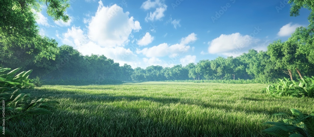 Aufkleber serene landscape view featuring a vast green field under a blue sky with fluffy clouds, surrounded b