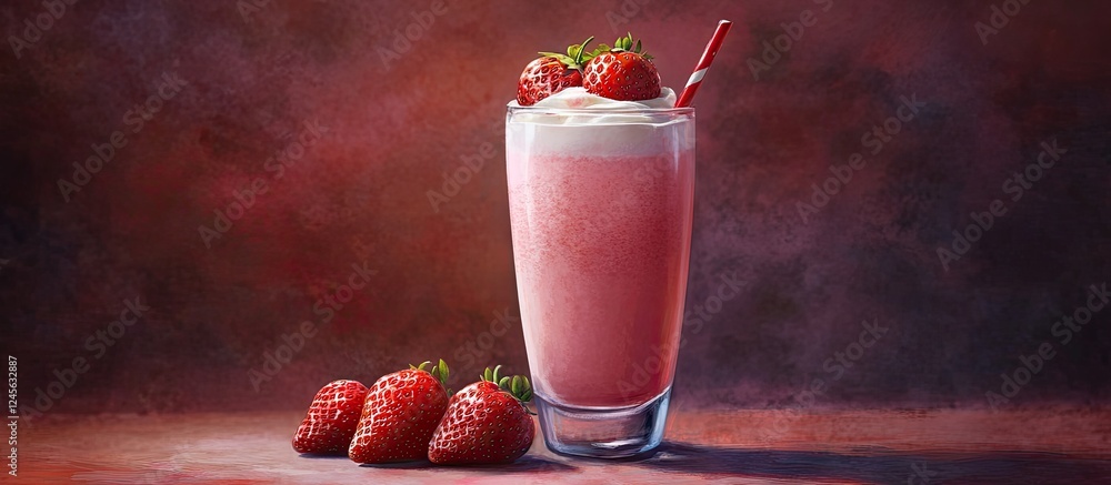 Poster refreshing strawberry yogurt smoothie in a tall glass garnished with fresh strawberries, set against