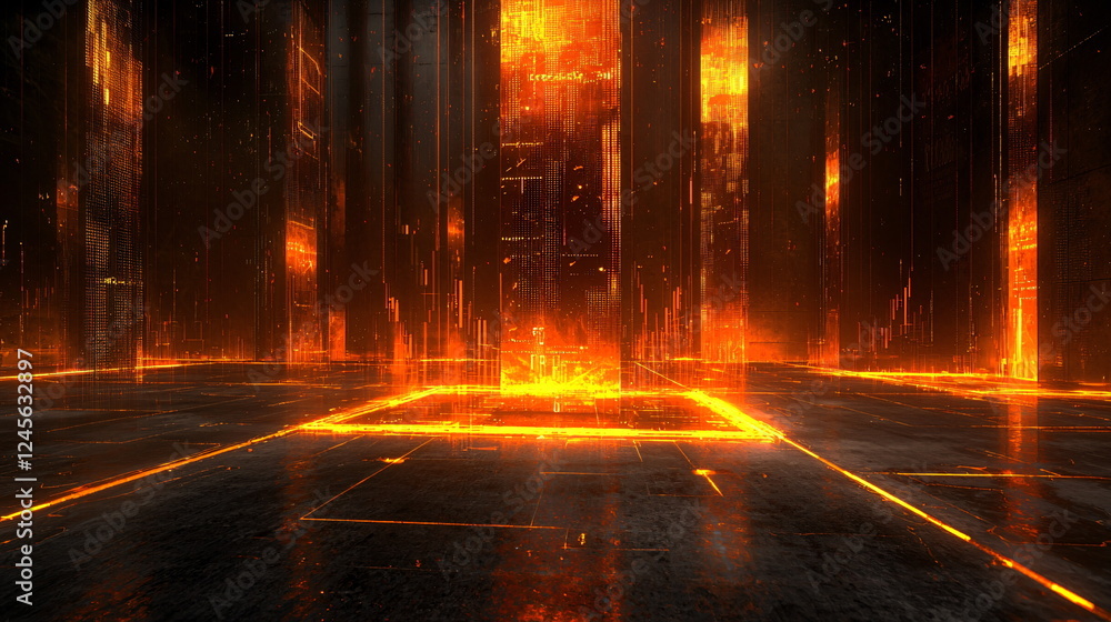 Aufkleber radiant digital landscape with glowing orange patterns and a dark reflective floor, creating an imme