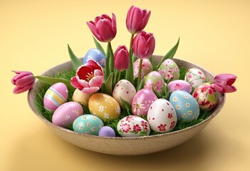 The bowl contains tulip primrose flowers and Easter eggs