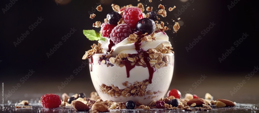 Poster nutritious dessert featuring yogurt layered with granola and mixed berries in a clear glass bowl on 
