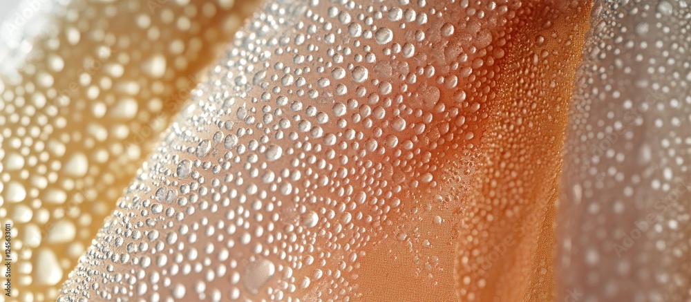 Aufkleber Close-up of microfiber cloth with glass droplets in varying sizes reflecting light against a soft orange background for text placement.