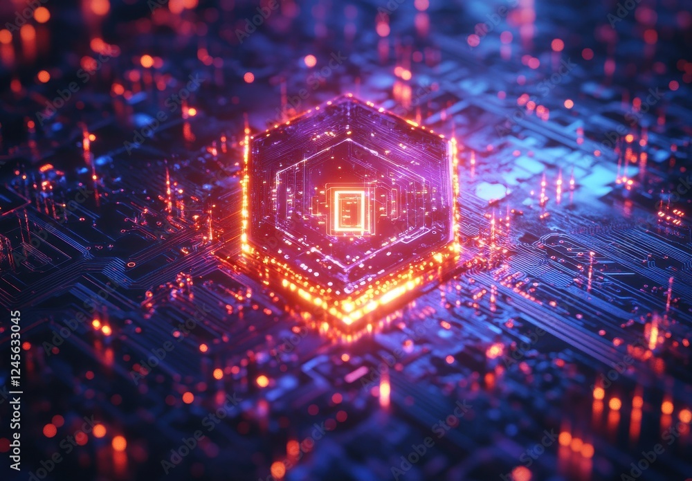 Aufkleber futuristic technology concept with abstract cyber hexagon and glowing lights on digital circuit boar