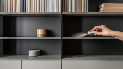 A modern home office bookshelf being dusted from the top down.