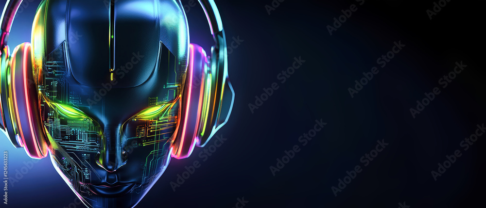Poster exploration of a futuristic robot head with headphones and vibrant circuit patterns in a captivating