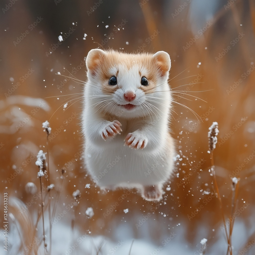 Aufkleber lively action shot of a white stoat fully airborne with a joyous expression leaping against a snowy 