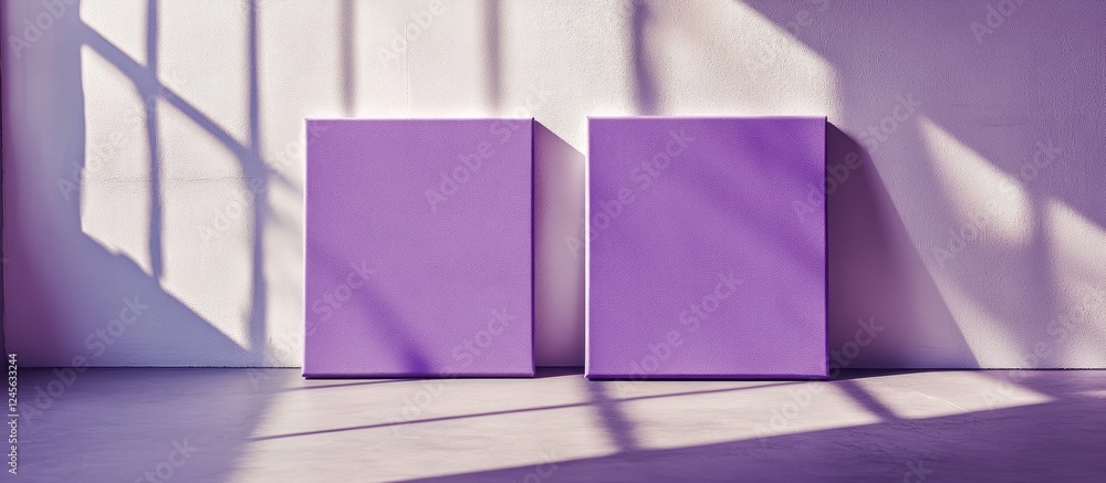 Poster abstract composition of two purple square panels positioned side by side on a light grey floor with 