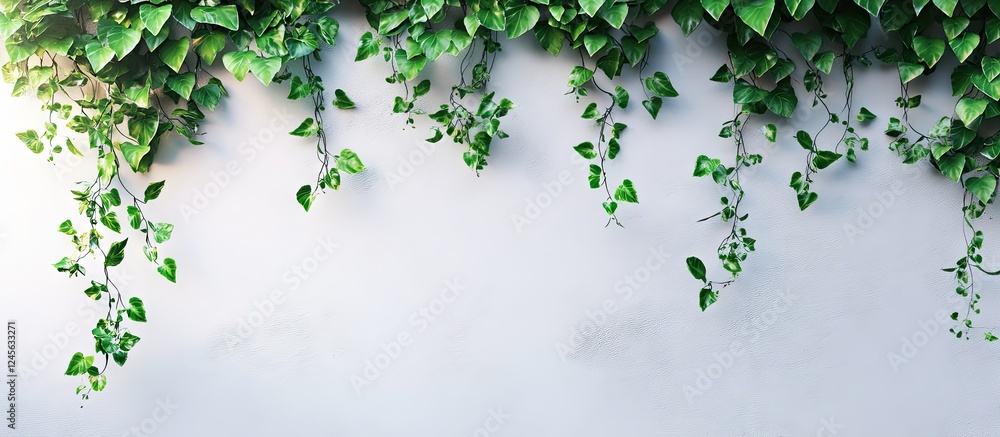 Poster lush green ivy vines cascade down a bright white wall creating a vibrant contrast with ample blank s