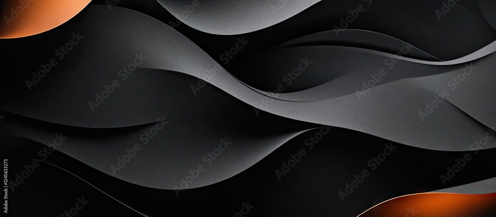 Leinwandbilder Textured abstract waves in shades of black and dark grey with a pop of orange create a dynamic visual composition conveying elegance and depth.