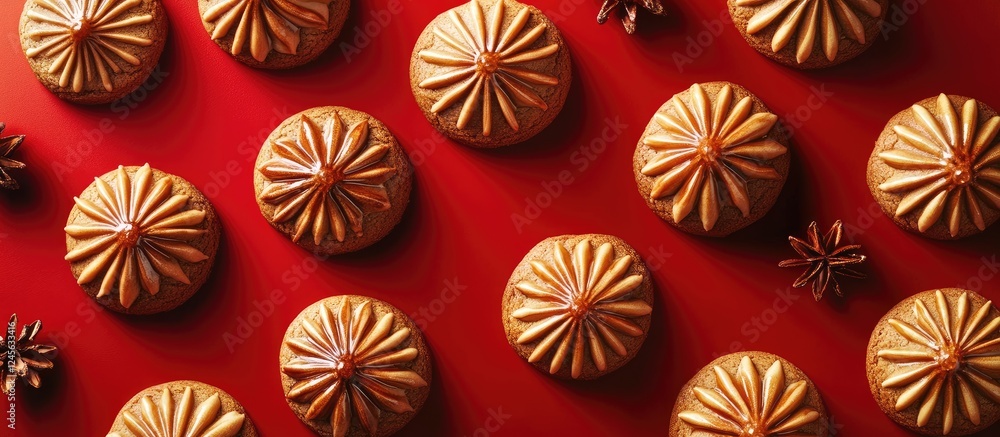 Poster Homemade Christmas cookies in circular shapes arranged neatly on a vibrant red background with star anise accents creating a festive atmosphere