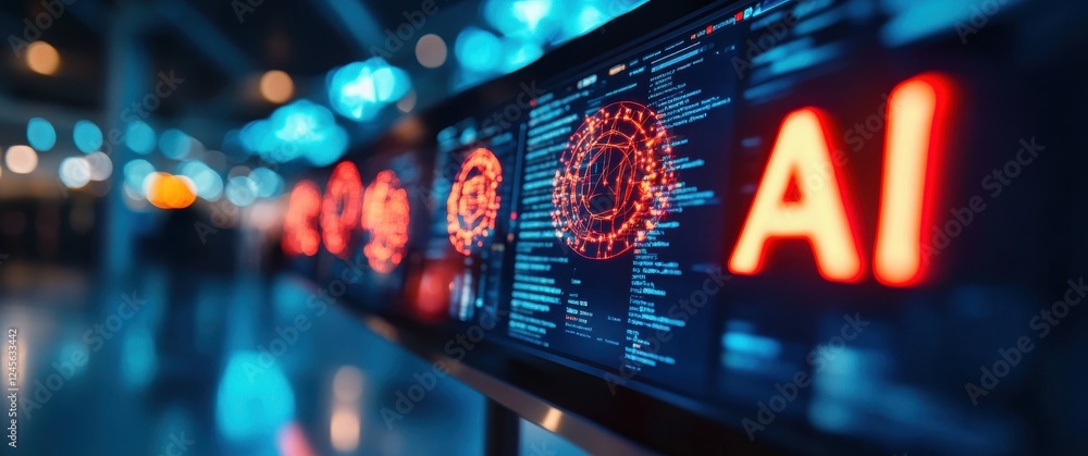 Poster futuristic technology dashboard displaying artificial intelligence data and graphs in a modern digit