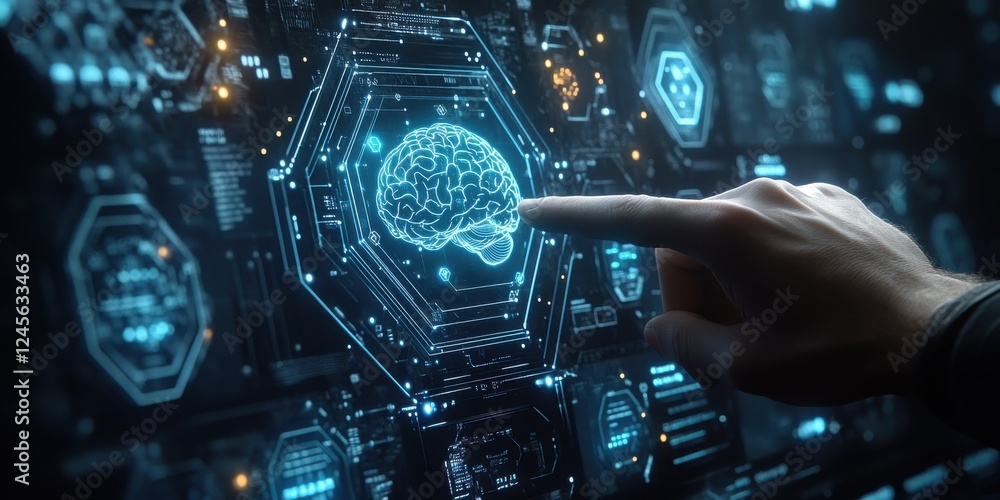 Poster futuristic technology interface showcasing human brain hologram interaction with digital displays an