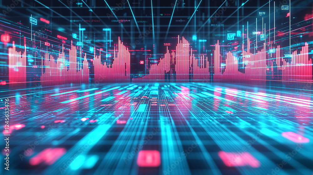 Poster digital landscape featuring colorful data visualizations with vibrant red and blue tones depicted in