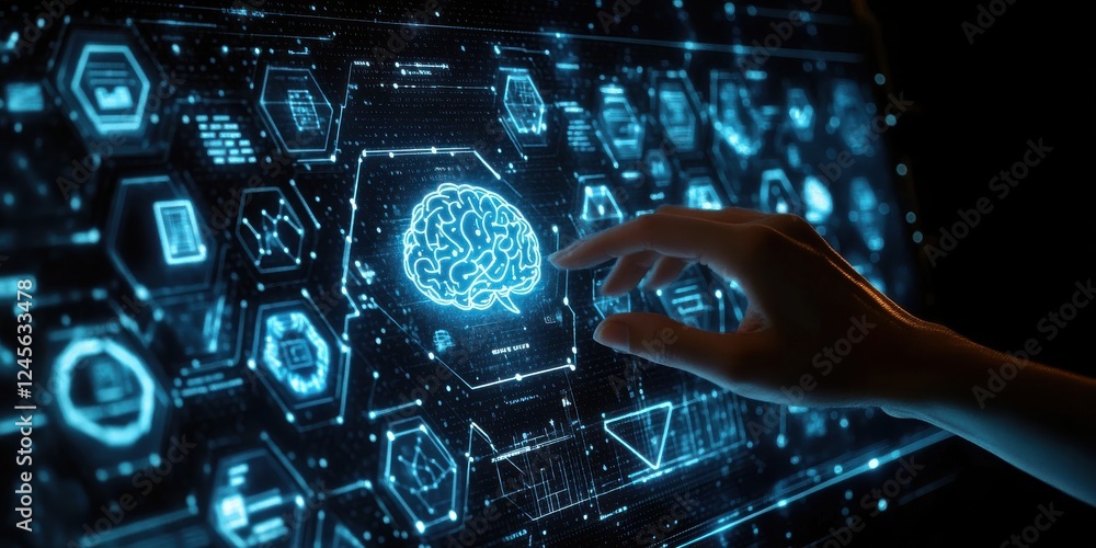 Poster futuristic technology interface with a human hand interacting with a digital brain in a high-tech en