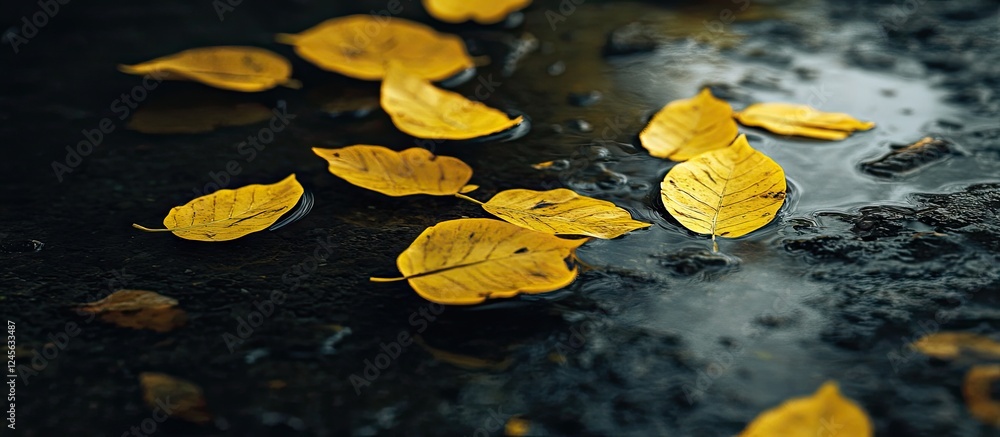 Aufkleber yellow leaves floating on water surface in a puddle with dark grey background reflecting vibrant col