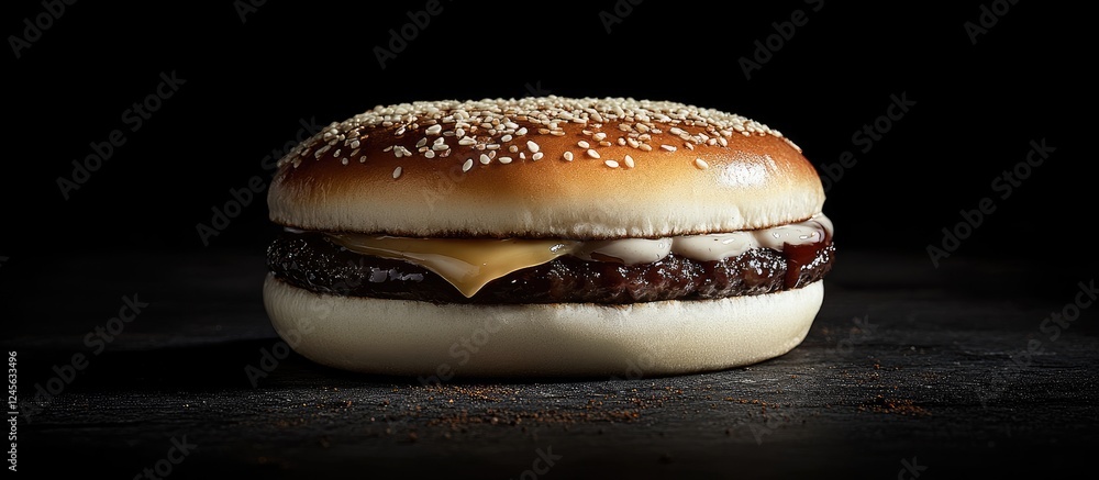 Poster savory beef burger with melted cheese on a sesame seed bun positioned center on a dark stone backgro