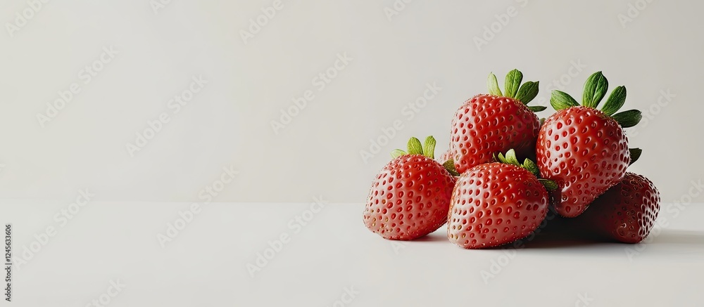 Poster ripe red strawberries with green caps arranged on a light gray surface against a soft white backgrou