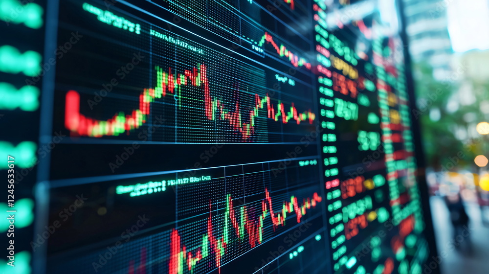 Aufkleber stock market chart with various indicators and fluctuating trends displayed on digital screens with 