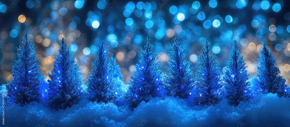 Poster Snowy fir trees illuminated with vibrant blue bokeh lights create a magical winter scene with soft clouds and a dreamy ambiance in the background.