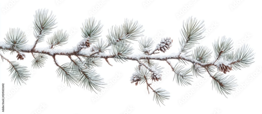 Poster frosted pine tree branch with intricate details in green and white showcasing natural beauty and tex