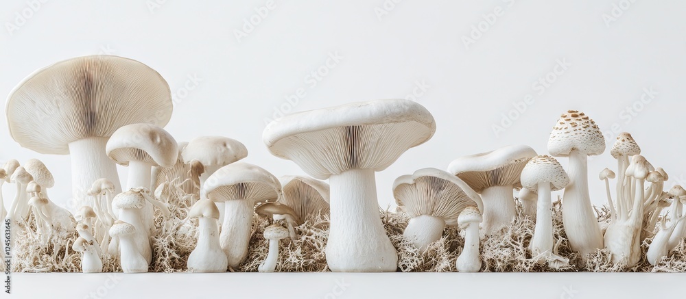Aufkleber fresh field mushrooms arranged in varying heights on a clean white background, emphasizing their nat