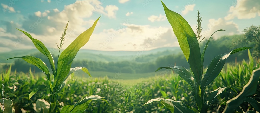 Aufkleber vibrant cornfield scene with two tall green stalks in the foreground against a serene backdrop of ro