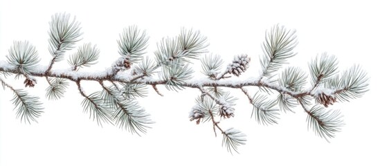 Frosted pine tree branch with intricate details in green and white showcasing natural beauty and texture against a clean white backdrop