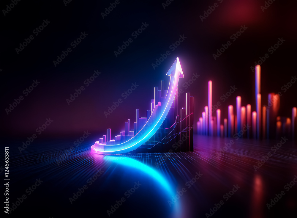 Poster vibrant neon graph with an arrow soaring upwards against a dark backdrop, representing progress and 