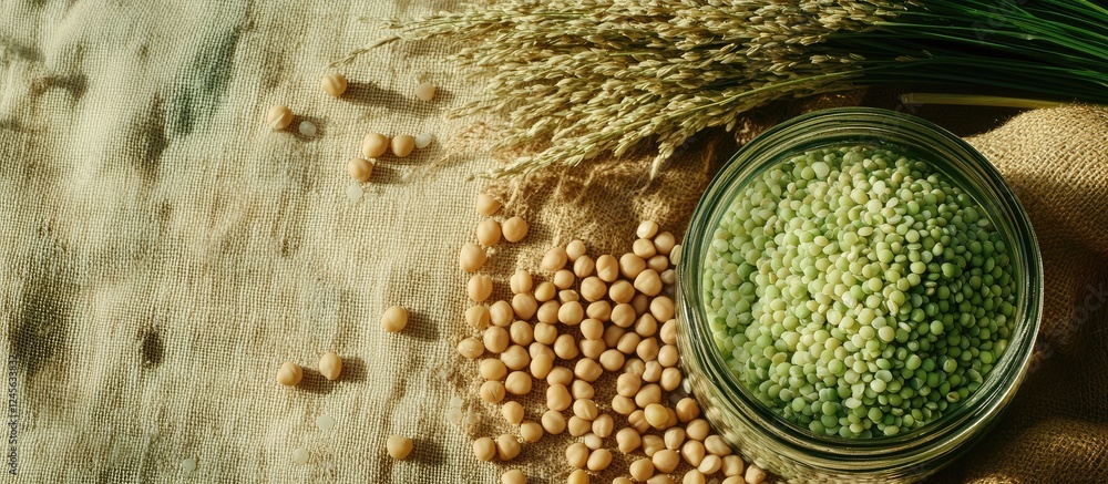 Aufkleber close-up of various grains including green millet and soybeans arranged beside a jar, with a rustic 