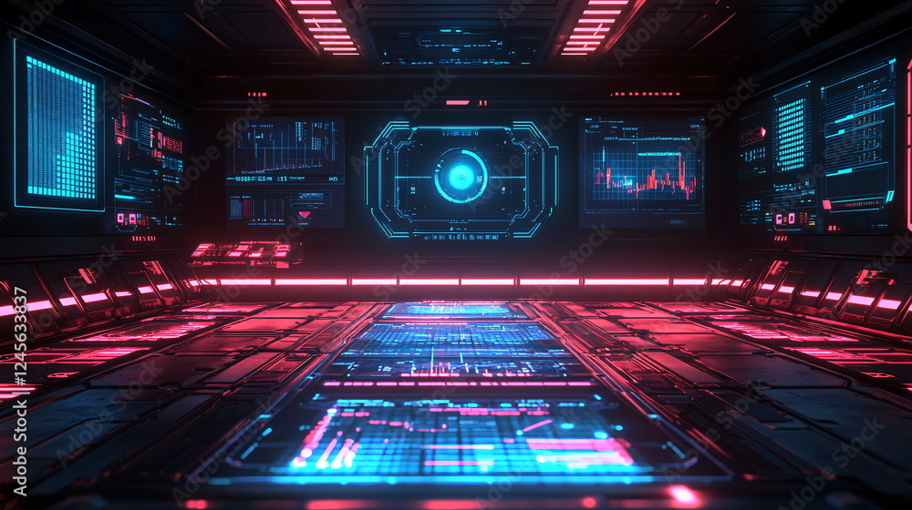 Poster futuristic digital control room with glowing screens, neon lights, and high-tech interfaces creating