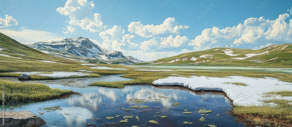Poster expansive mountain landscape with melting snow patches on the left and center complemented by a sere