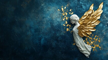 Elegant angel sculpture gracefully positioned against a rich blue backdrop with golden leaf accents illuminating the artwork