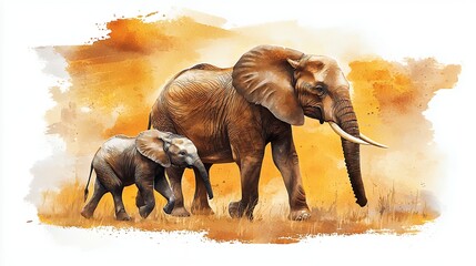 A heartwarming watercolor illustration of an adult elephant and its calf walking across the golden savanna, showcasing the tender