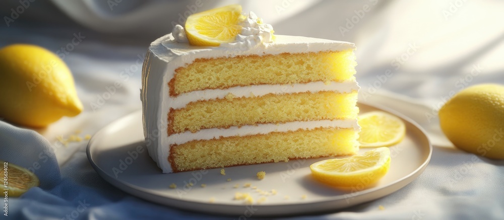 Poster Lemon cake with layers of yellow sponge and white frosting topped with lemon slices on a round plate against a softly lit background.