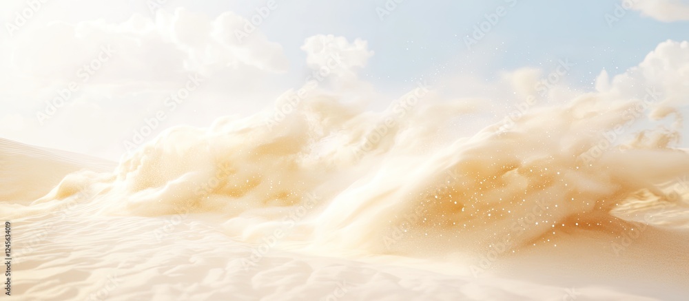 Poster erupting clouds of white vanilla powder dispersing in an airy, spacious environment with soft pastel