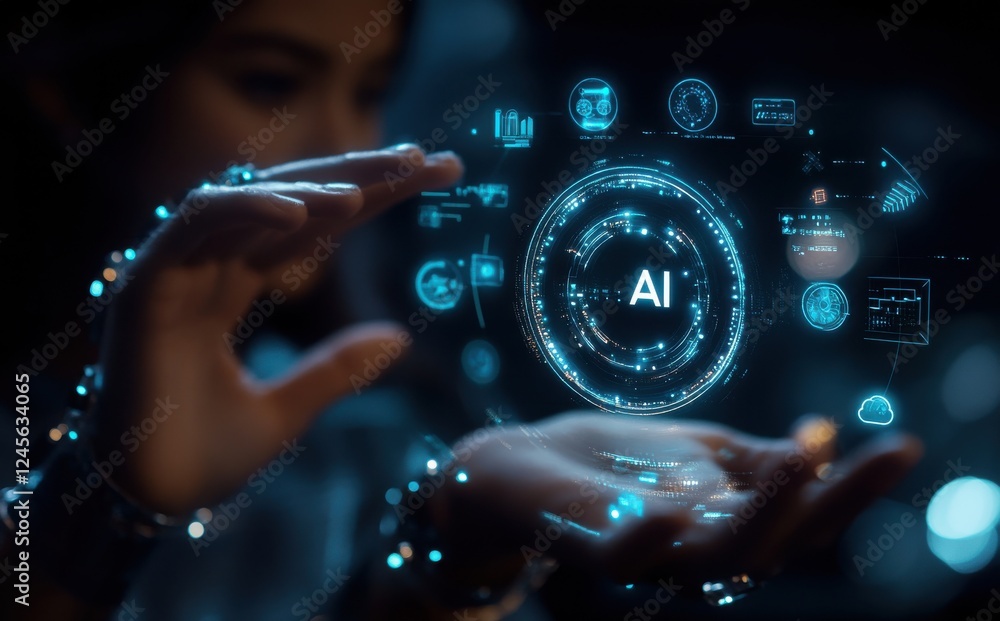 Poster futuristic woman interacting with holographic ai interface displaying data and technology symbols in