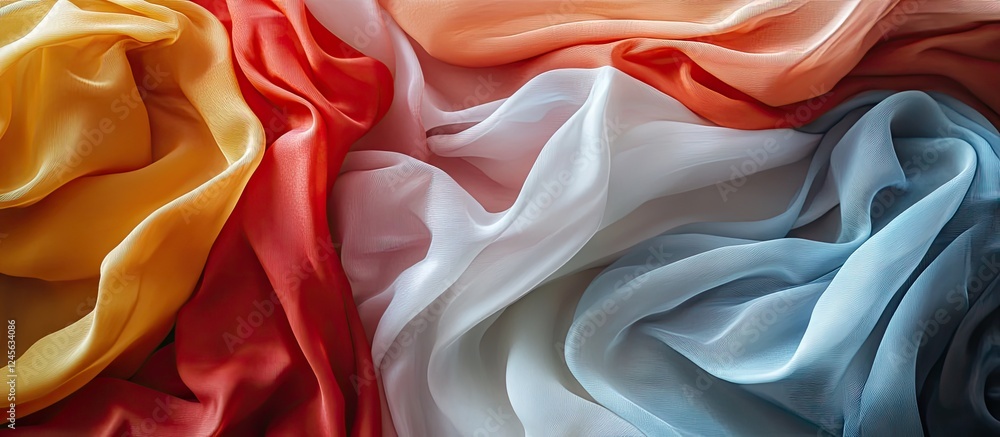Poster colorful draped fabric in flowing patterns of red, orange, white, and blue creates a vibrant, dynami