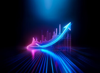Fototapeta premium Neon arrow points upward, illuminated in vibrant pink and blue hues against a dark backdrop. Cityscape silhouette suggests growth and progress in a modern, technological style.