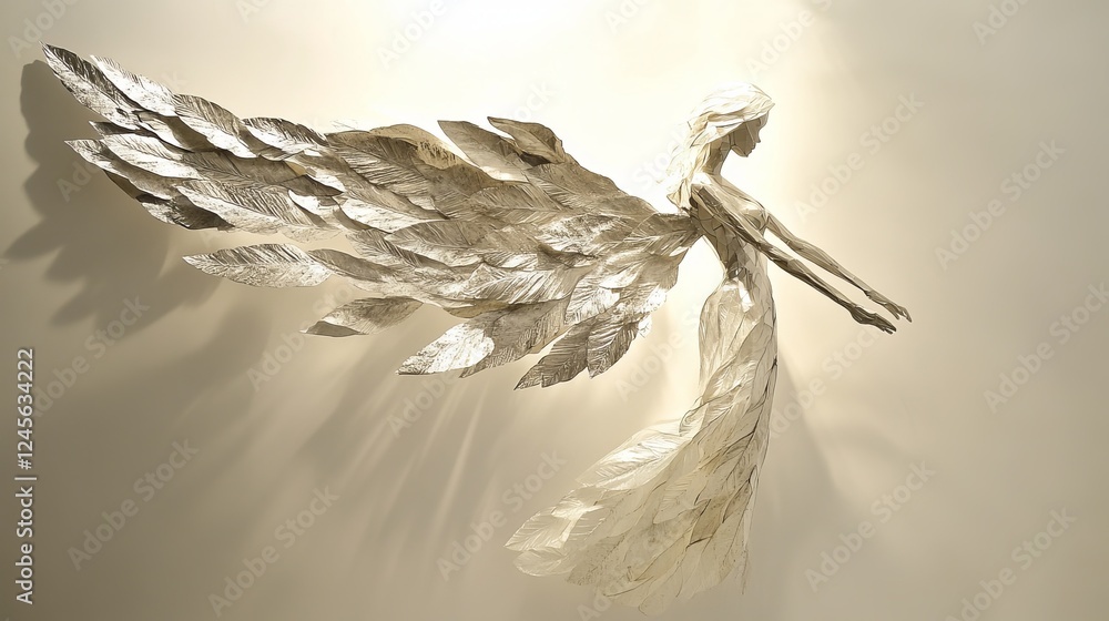 Poster artistic representation of an angel with intricate leaf-like wings displayed on a light background