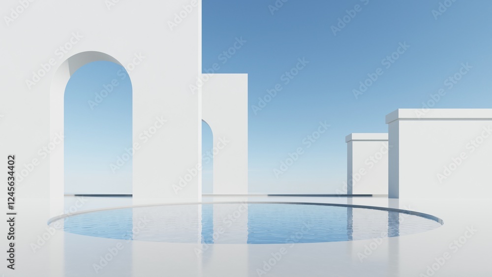 Aufkleber 3d illustration of abstract minimal architecture background, geometric architectural with glass or arch design on water surface