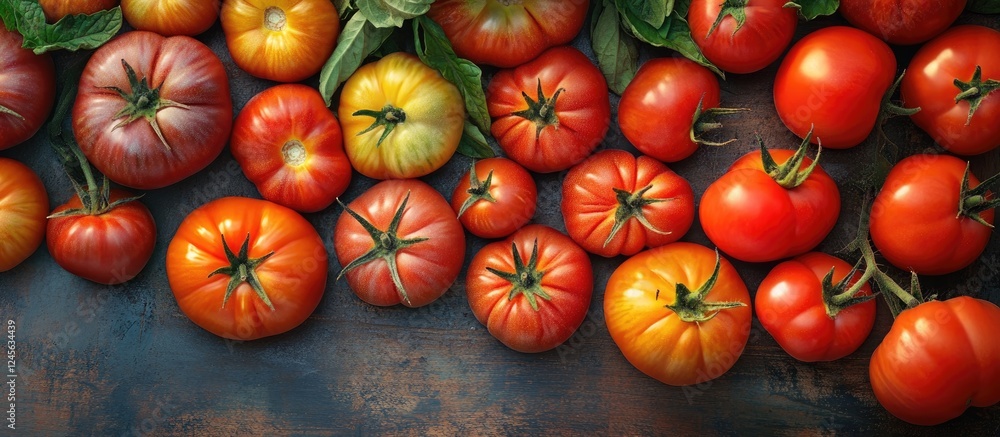 Poster Vibrant assortment of red tomatoes in various sizes arranged on a rustic dark background with green leaves adding freshness and color contrast
