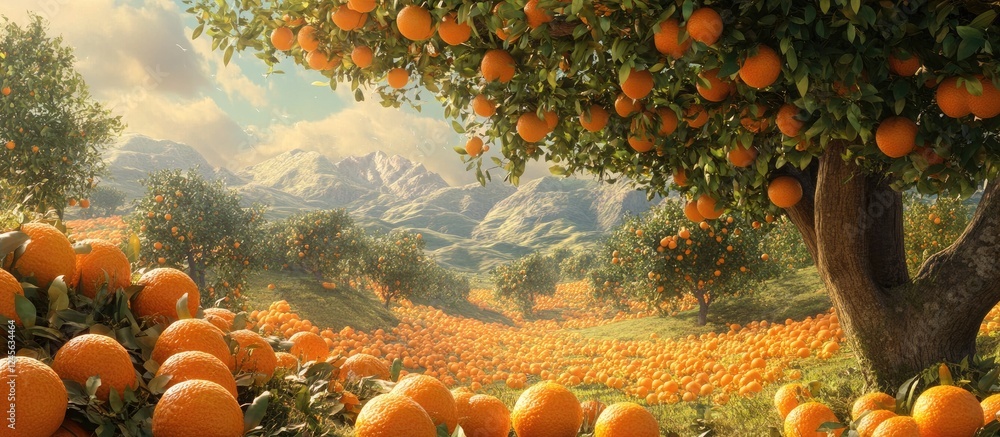 Poster vibrant farm landscape with orange trees filled with ripe oranges in foreground and mountains in bac