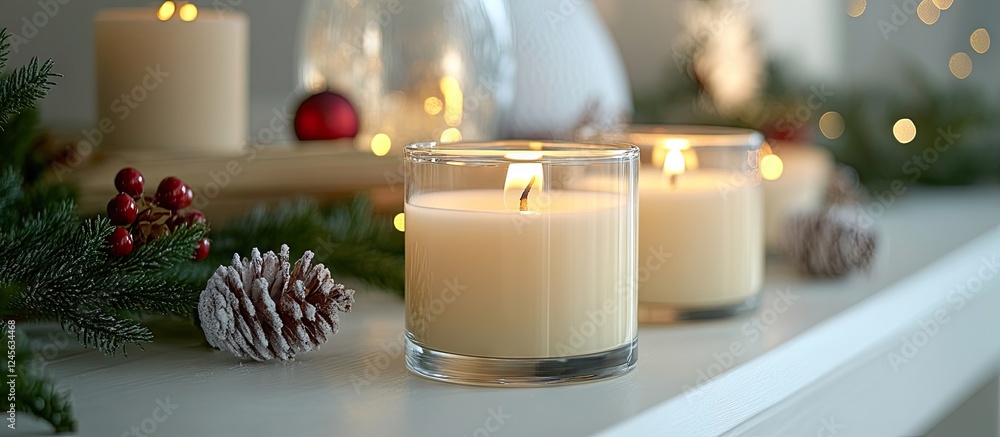 Poster Holiday candles in clear glass holders with glowing wicks on a festive table adorned with pinecones and greenery creating a warm atmosphere.