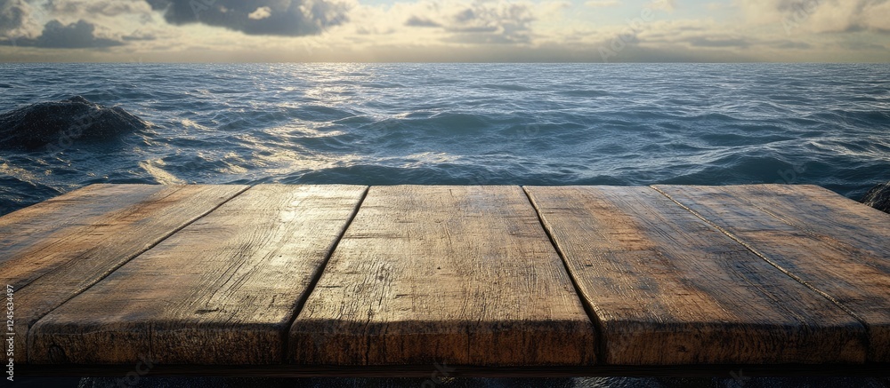 Poster wooden plank table positioned centrally against a tranquil ocean scene with deep blue water and soft