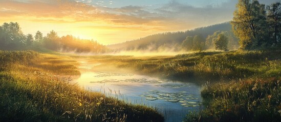 Fototapeta premium Serene sunrise over a tranquil landscape with warm golden hues illuminating a misty river and lush green meadows under a clear sky.